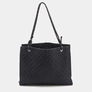 Pre Owned Gucci Black GG Canvas and Leather Braided Handle Tote