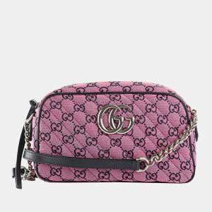 Pre Owned Gucci Pink & Black Canvas Small Diagonal Quilted GG Shoulder Bag