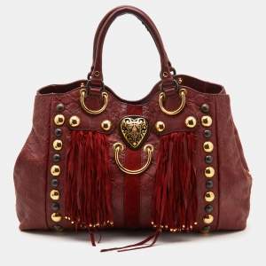 مملوكة مسبقًا Gucci Red Leather and Suede Large Studded Babouska Fringe Tote