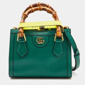 Pre Owned Gucci Green Leather Mini Diana Tote