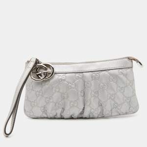 Gucci Silver Guccissima Leather Interlocking G Wristlet Clutch