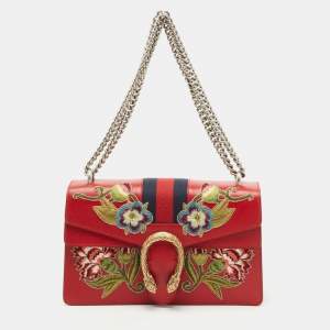 Pre Owned Gucci Red Floral Embroidered Leather Small Dionysus Shoulder Bag