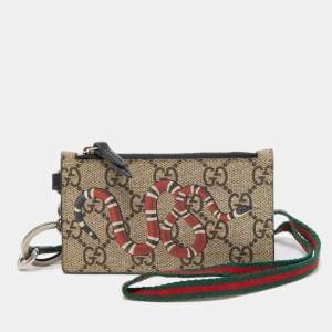 Gucci Beige GG Supreme Canvas and Leather Kingsnake Card Holder Lanyard 