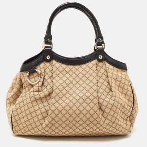 Pre Owned Gucci Beige/Black GG Canvas and Leather Medium Sukey Tote