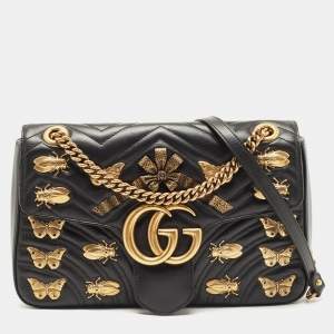 Pre Owned Gucci Black Matelasse Leather Medium GG Marmont Animal Studs Shoulder Bag