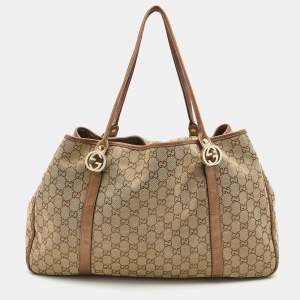 Pre Owned Gucci Beige/Bronze GG Canvas and Leather Large GG Twins Tote