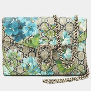 Gucci Blue/Beige GG Blooms Supreme Canvas and Leather Dionysus Wallet On Chain