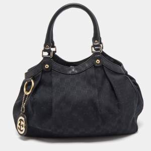 Pre Owned Gucci Black GG Canvas and Leather Medium Sukey Tote