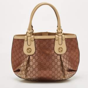 Pre Owned Gucci Beige/Metallic Pink GG Canvas and Leather Medium Scarlett Stud Tote