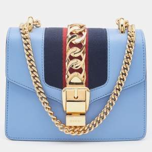 Pre Owned Gucci Light Blue Leather Mini Chain Sylvie Crossbody Bag