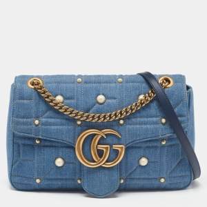 Gucci Blue Matelassé Denim Medium Pearl Embellished GG Marmont Shoulder Bag