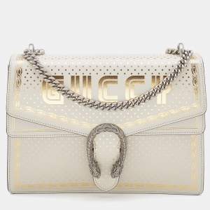 Gucci Off White/Gold Leather Medium Dionysus GUCCY Star Shoulder Bag