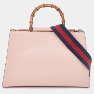 Pre Owned Gucci Pink/White Leather Nymphaea Bamboo Top Handle Bag