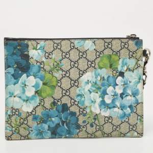 Gucci Beige/Blue GG Supreme Canvas Blooms Zip Pouch
