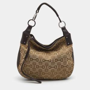 Gucci Dark Brown/Beige Horsebit Canvas and Leather Hobo