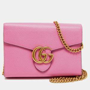 Gucci Fuchsia Leather GG Marmont Wallet on Chain