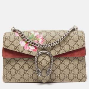 Pre Owned Gucci Old Rose/Beige GG Supreme Canvas and Suede Small Blooms Dionysus Shoulder Bag