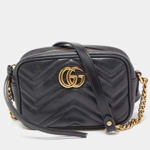 Pre Owned Gucci Black Matelasse Leather Mini GG Marmont Crossbody Bag