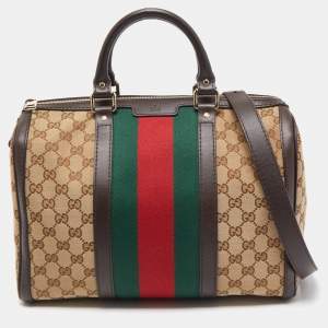 Pre Owned Gucci Beige/Ebony GG Canvas Vintage Web Medium Boston Bag