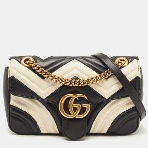 Gucci Black/White Matelassé Leather Small GG Marmont Shoulder Bag