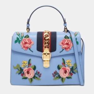 Pre Owned Gucci Light Blue Floral Embroidered Leather Medium Sylvie Top Handle Bag