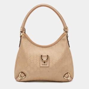 Pre Owned Gucci Rose Gold/Beige GG Canvas and Leather Medium Abbey D-Ring Hobo