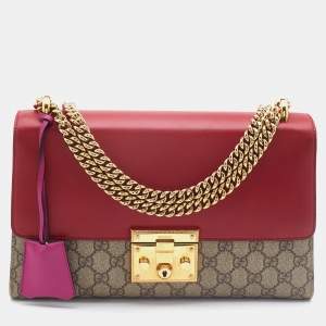 Pre Owned Gucci Red/Beige GG Supreme Coated Canvas Medium Padlock Shoulder Bag 