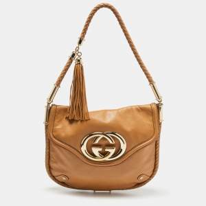 Pre Owned Gucci Beige Leather Medium Britt Tassel Hobo