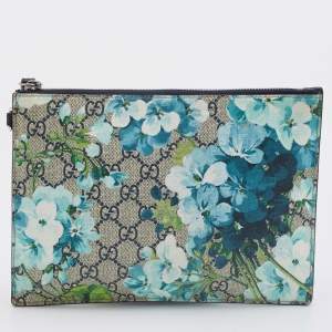 Gucci Blue/Beige GG Supreme Canvas Blooms Zip Pouch
