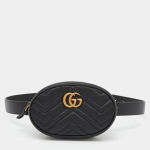 Pre Owned Gucci Black Matelassé Leather GG Marmont Belt Bag