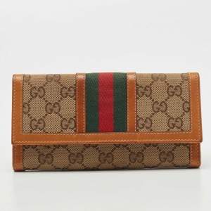 Gucci Tan/Beige GG Canvas and Leather Web Flap Continental Wallet