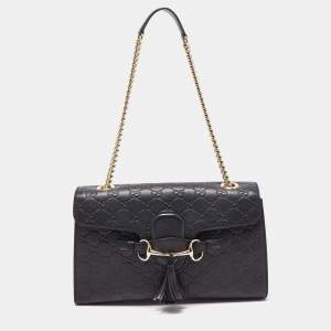 Pre Owned Gucci Navy Blue Guccissima Leather Medium Emily Chain Shoulder Bag