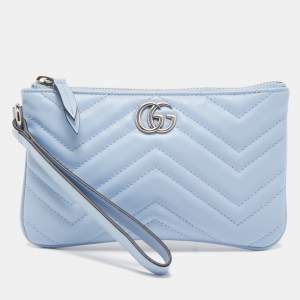 Pre Owned Gucci Light Blue Matelassé Leather GG Marmont Wristlet Pouch