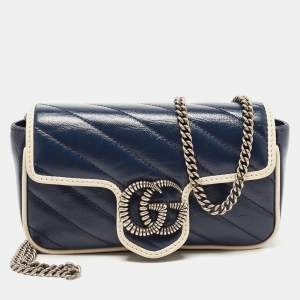 Pre Owned Gucci Dark Blue/White Diagonal Matelassé Leather Torchon Super Mini GG Marmont Bag