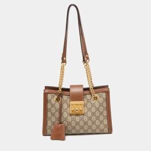 Pre Owned Gucci Brown/Beige GG Supreme Canvas and Leather Small Padlock Shoulder Bag