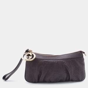 Pre Owned Gucci Brown Guccissima Leather Interlocking G Wristlet Clutch