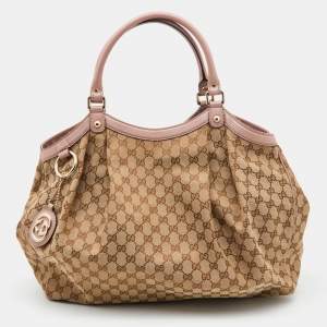 Pre Owned Gucci Beige/Pink GG Canvas and Leather Large Sukey Tote 
