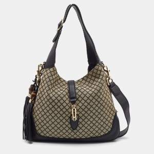 Pre Owned Gucci Black/Beige Diamante Canvas New Jackie Shoulder Bag 