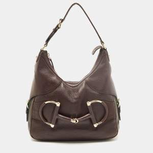 Pre Owned Gucci Dark Brown Leather Web Horsebit Heritage Hobo
