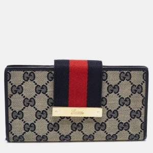 Gucci Navy Blue/Beige GG Canvas and Leather Ladies Web Continental Wallet