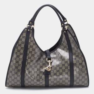Pre Owned Gucci Grey/Black GG Crystal Canvas and Leather Large Bardot Joy Tote