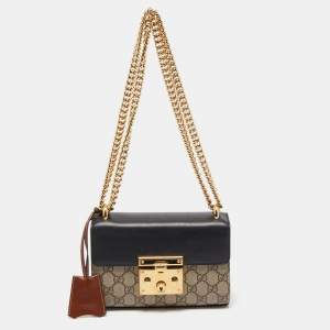 Pre Owned Gucci Black/Beige GG Supreme Canvas and Leather Small Padlock Shoulder Bag