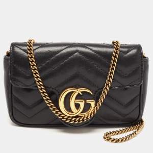 Pre Owned Gucci Black Matelassé Leather Super Mini GG Marmont Shoulder Bag