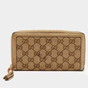 Gucci Beige GG Canvas and Leather Bamboo Tassel Zip Around Wallet