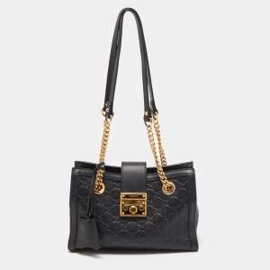 Pre Owned Gucci Black Guccissima Leather Small Padlock Shoulder Bag