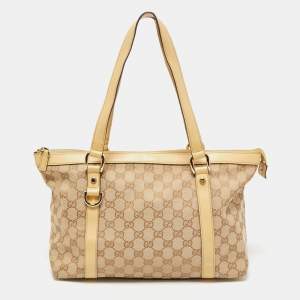 Pre Owned Gucci Cream/Beige GG and Leather Canvas Medium Abbey Tote