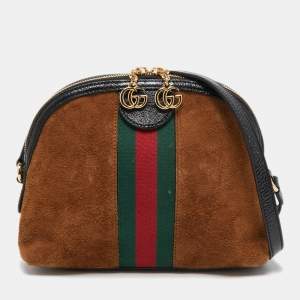 Pre Owned Gucci Brown Suede and Leather Small Web Ophidia GG Shoulder Bag