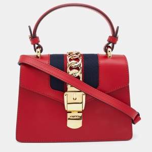Gucci Red Leather Mini Web Chain Sylvie Top Handle Bag