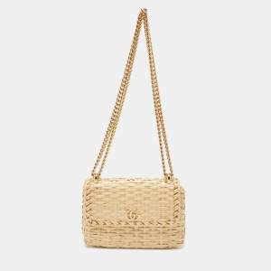 Pre Owned Gucci Beige Glazed Wicker Mini Cestino Shoulder Bag