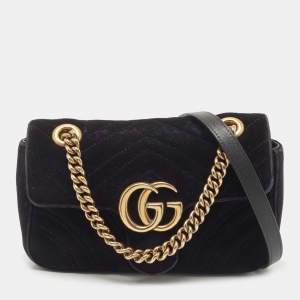 Pre Owned Gucci Black Velvet Matelassé Velvet Mini GG Marmont Shoulder Bag
